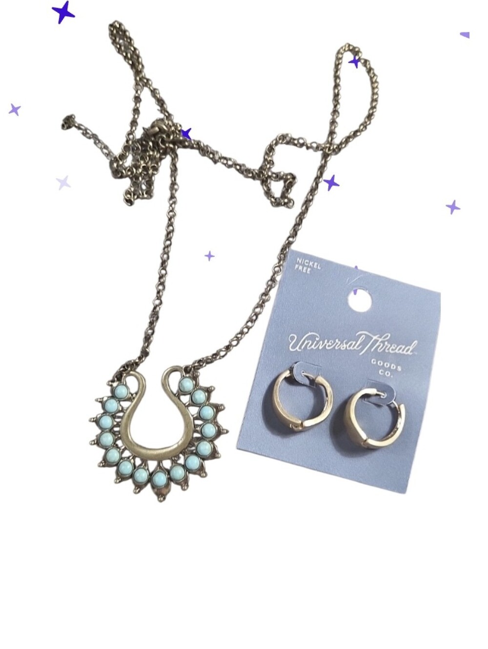 Universal Thread Gold-Tone Horseshoe Necklace with Turquoise Stones Hinged Hoops